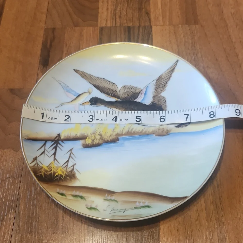 Handpainted Plate Vintage Japanese Porcelain Flying Ducks Over Water